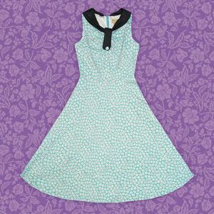 Lindy Bop Blue Retro Floral Vintage Pin-up Style Dress w/ Black Collar | Size M